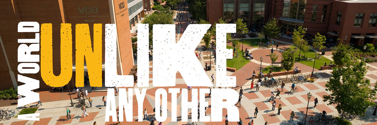 'Unlike any other' over an aerial view of the campus.